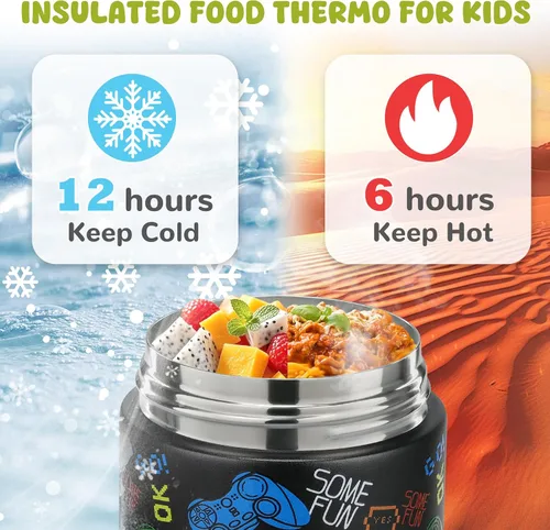 Vista 5 de Termo de sopa de 10 onzas para comida caliente para niños, recipiente de comida aislado con cuchara y boca ancha, acero inoxidable, a prueba