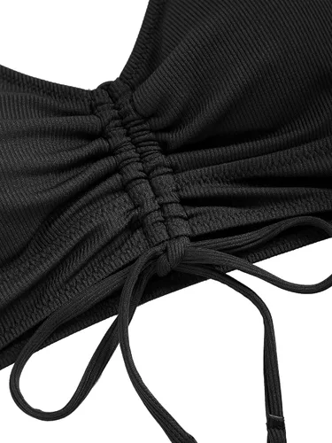 Vista 3 de ZAFUL Conjunto de bikini con cuello en V para mujer, fruncido con lazo frontal, cintura alta, estampado floral, acanalado, traje de baño de 2 piezas