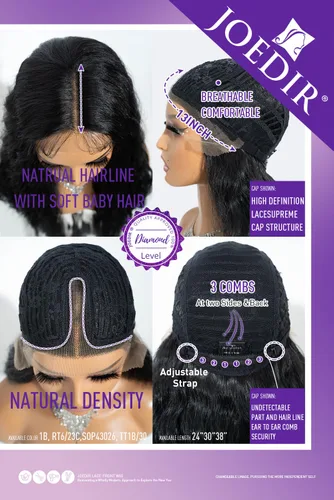 Vista 4 de Joedir - Peluca de 30 pulgadas de largo con encaje frontal, cabello ondulado profundo, parte superior, cabello natural superior con abuelitos