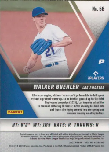Vista 2 de 2021 Mosaic Baseball #56 Walker Buehler Los Angeles Dodgers Official MLBPA Trading Card by Panini America