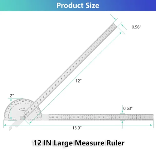 Vista 4 de ForoGore Transportador de acero inoxidable de 180 grados, regla de dos brazos, transportador de ángulo ajustable, regla de carpintería, herramienta