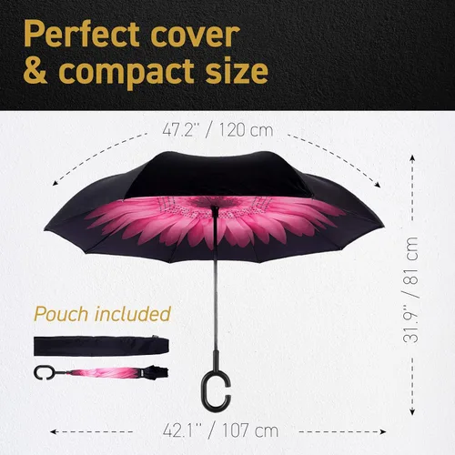 Vista 2 de Paraguas EEZ-Y invertido con doble capa de construcción resistente al viento reversible y plegable para uso en el automóvil mango en forma de C