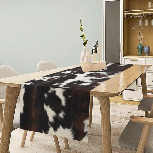 Vista 2 de Camino de mesa con estampado de vaca, camino de mesa estilo occidental con estampado de cuero de vaca en blanco y negro, decoración de mesa