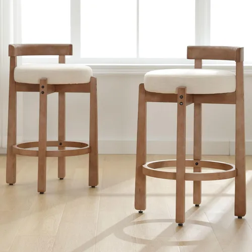 Vista 9 de DUOMAY Juego de 2 taburetes de bar modernos de 26 pulgadas de altura de mostrador, taburetes redondos de madera sin brazos, taburete de isla de Beige