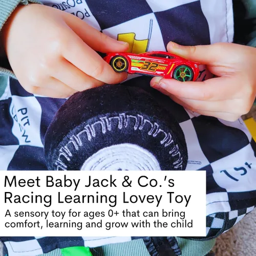 Vista 2 de Baby Jack & Co - Manta de felpa sensorial de 10 x 10 pulgadas para deportes de carreras, juguete de etiqueta para bebés, juguetes de cochecito