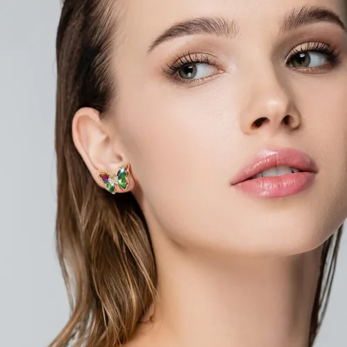 Vista 4 de Busycon - Aretes de mariposa para mujer, aguja plateada 925, cristales brillantes y piedras preciosas de mariposa, aniversario, cumpleaños, joyería
