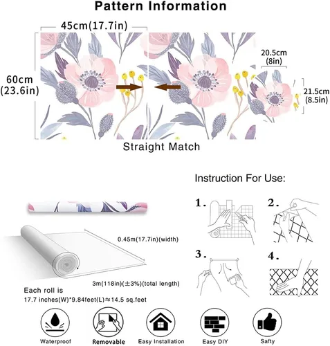 Vista 5 de HAOKHOME 93019 - Papel tapiz floral para despegar y pegar, extraíble, de vinilo color rosa/azul/amarillo, autoadhesivo para estantes, 17.7 pulgadas