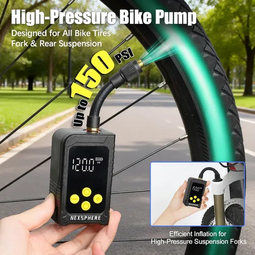Vista 2 de Mini bomba de neumáticos para bicicleta, máximo 150 PSI, bomba de bicicleta de inflado rápido de 25 s con calibre, inflador eléctrico de neumáticos