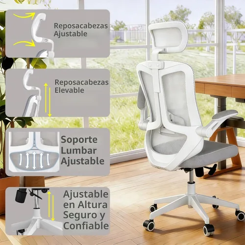 Vista 6 de Silla de oficina ergonómica, sillas de escritorio cómodas de 350 libras con reposacabezas ajustable y soporte lumbar para espalda, sillas de gris