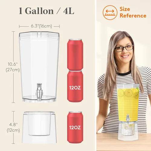 Vista 2 de Lifewit Dispensador de bebidas de plástico de 1 galón, recipientes de jugo con tapa para fiesta, dispensador de bebidas de hielo con soporte