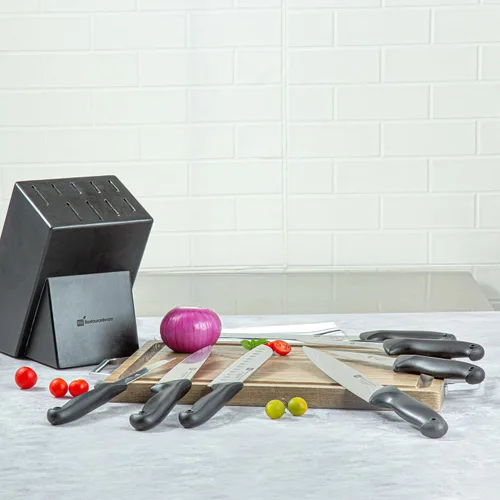 Vista 3 de Restaurantware Sensei - Juego de 8 cuchillos de acero alemán negro con pasadores codificados de colores para chefs, afilado, resistente a