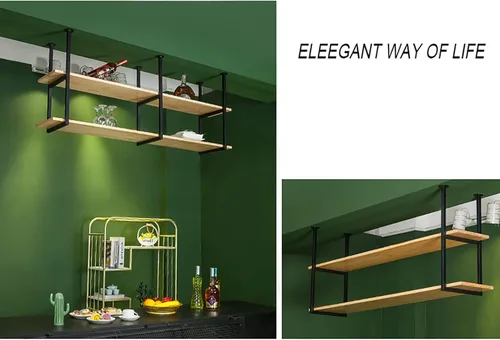 Vista 6 de Shelves Whftd Hanging Floating Shelf - 2 Tier Solid Wood Ceiling Shelf Wrought Iron Plant Rack, Hanging Storage Rack for Restaurant and Bar - Length
