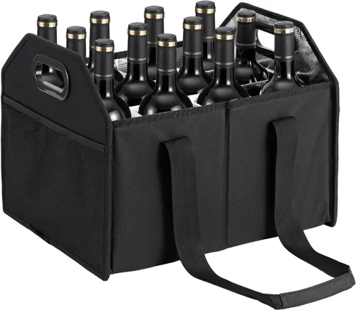 Vista 2 de Portabotellas plegable para 12 botellas, caja de almacenamiento reutilizable portátil para mudanza, carrito de vacaciones, compras, acceso a cata