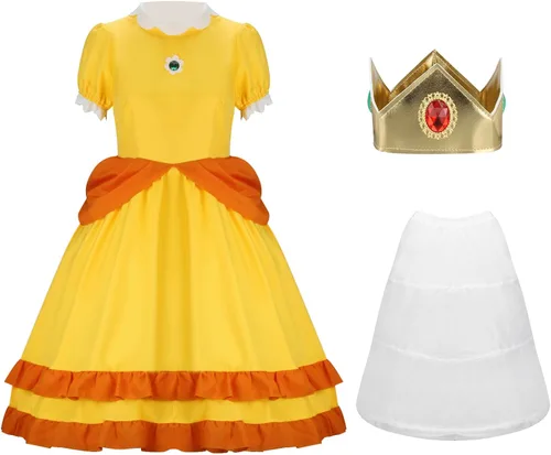 Vista 4 de Disfraz de princesa melocotón y margarita para niños, disfraz de corona para niñas, disfraz de Super Brothers Pincess Halloween Cosplay Party Dress