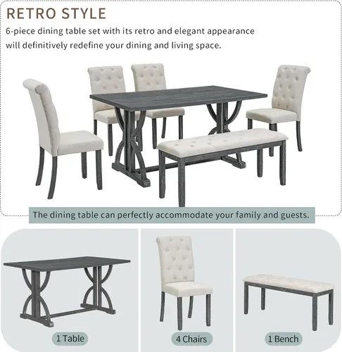 Vista 89 de Juego de mesa de comedor vintage de 6 piezas, juego de mesa de comedor de cocina de madera maciza con 4 sillas ergonómicas acolchadas y banco, mesa