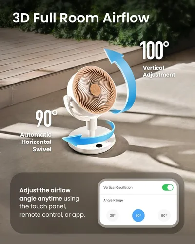 Vista 8 de SwitchBot Ventilador de pedestal inteligente, ventilador oscilante recargable para dormitorio, con cable e inalámbrico, ventilador de piso