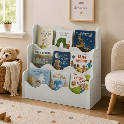 Vista 11 de NACHES Estantería Montessori de 4 niveles para niños, estante de madera con diseño festoneado, organizador de juguetes para guardería, dormitorio