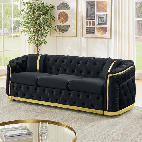 Vista 12 de Sofá Chesterfield de 62.6 pulgadas, moderno de mediados de siglo, sofá de terciopelo blanco beige y dorado, sofás de lujo para sala de estar
