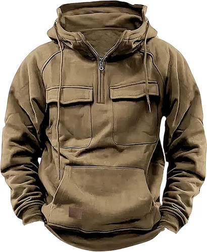 Vista 2 de Mmoneyake Sudaderas tácticas para hombre, con cremallera de un cuarto, sudadera con capucha tipo cargo, para entrenamiento, gimnasio, deportes