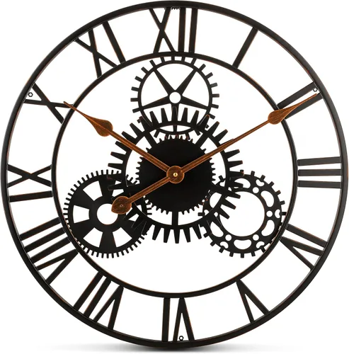Vista 8 de Bernhard Products Reloj de pared extra grande de hierro forjado de metal negro de 20 pulgadas, funciona con pilas, diseño rústico con números
