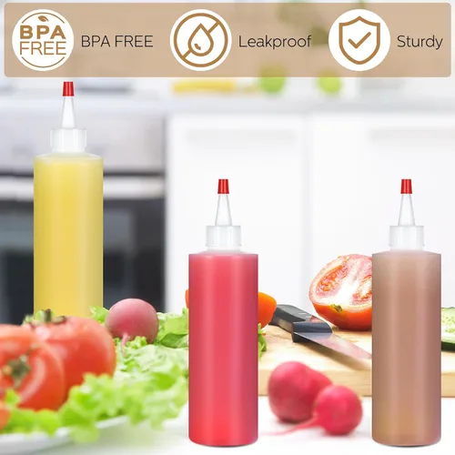 Vista 5 de Jinei Paquete de 60 botellas de plástico de 8 onzas, botellas transparentes para exprimir condimentos con tapa de punta roja, recipiente vacío