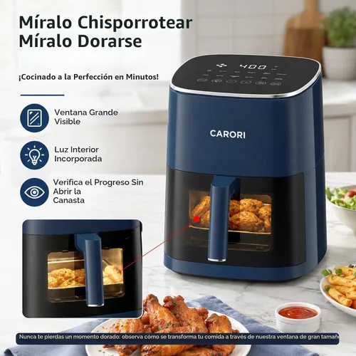 Vista 3 de CARORI Freidora de aire de 6 cuartos de galón con ventana de visión, 12 preajustes, 1700 W, 400 °F máximo, cesta antiadherente grande apta para Azul