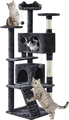 Vista 28 de Yaheetech - Torre de árbol para gatos de 62 pulgadas, torre para gatitos de interior, muebles para mascotas con doble refugio, postes para rascar