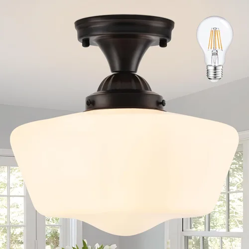 Vista 13 de Lámpara de techo estilo casa escolar negra 8" Lámpara colgante de vidrio lechoso Lámpara colgante estilo casa escolar Lámpara de vidrio lechoso