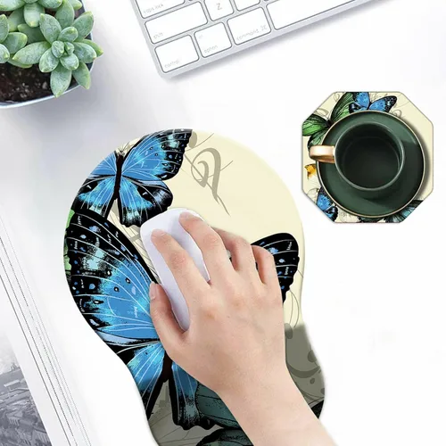 Vista 6 de Alfombrilla de mouse con soporte para muñeca, diseño de mariposa azul, ergonómica, con reposamuñecas para computadora portátil, computadora, hogar