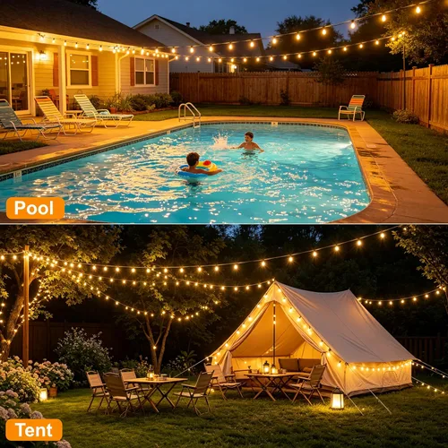 Vista 8 de Guirnalda de luces para exteriores de 25 pies, luces impermeables para patio con bombillas Edison ST38 vintage inastillables, luces colgantes