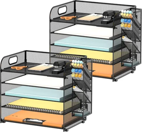 Vista 12 de SUPEASY Organizador de escritorio de 5 niveles con asa y soportes extraíbles para bolígrafos, organizador de papel de malla/archivos para Negro