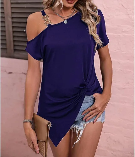 Vista 2 de Blusa sexy de manga corta para mujer, con hebilla de metal, asimétrica, con correa de hebilla de metal