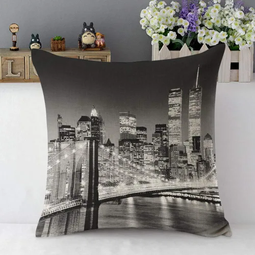 Vista 5 de Mugod Funda de almohada con diseño de ciudad de Nueva York, paisaje nocturno, puente de edificio, color negro y blanco, funda de cojín de lino