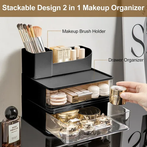 Vista 2 de DASITON Organizador de maquillaje para tocador con 2 cajones, organizador de cosméticos apilable con soporte para brochas de maquillaje, organizador