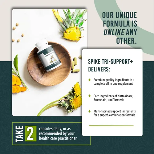 Vista 5 de Spike Tri-Support+ con nattoquinasa, bromelina y cúrcuma - Incluye extracto de diente de león, extracto de semilla negra, hoja de té verde, selenio