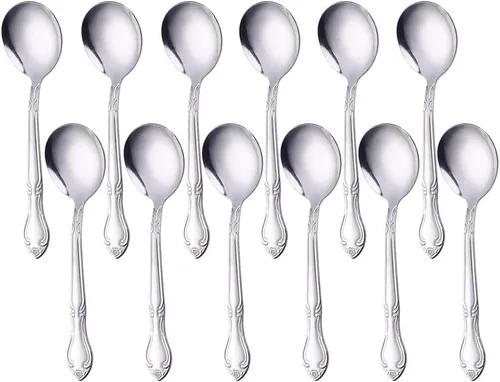 Vista 42 de Cucharas de sopa, cucharas redondas de acero inoxidable para caldo con borde de flor, juego de 12 piezas de acero inoxidable para café, azúcar