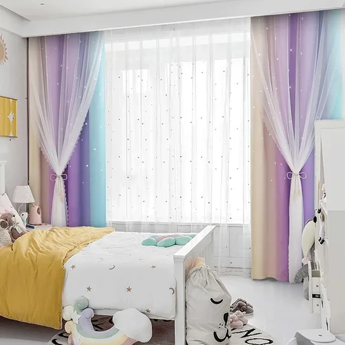 Vista 7 de Anjee Cortinas de estrellas para niñas, estilo recortado, 2 en 1, de doble Azul/Púrpura/Amarillo