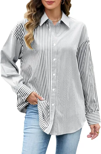 Vista 6 de Camisas a rayas con botones para mujer, de manga larga, de gran tamaño, estilo novio, blusas con cuello sin bolsillos