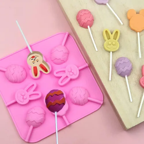 Vista 5 de Paquete de 2 moldes de silicona para piruletas de Pascua, 8 moldes de silicona para piruletas de conejito de cavidad, molde de caramelo duro
