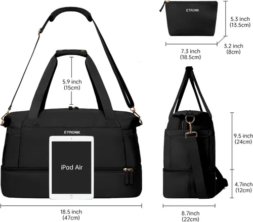 Vista 4 de ETRONIK Bolsa de viaje para mujer, bolsa de gimnasio con puerto de carga USB, bolsa de fin de semana con bolsillo para ropa húmeda y compartimento