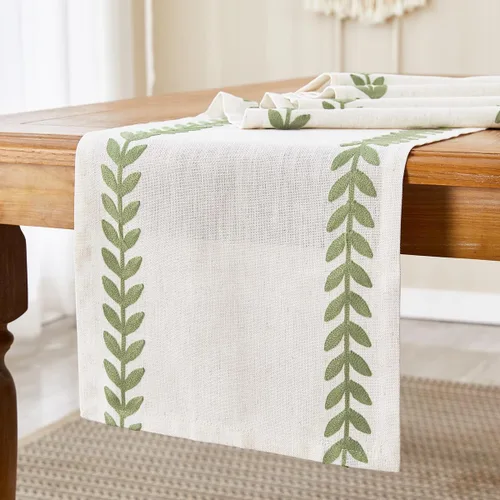 Vista 5 de Camino de mesa bordado de estilo rústico, 13 x 36 pulgadas, caminos de mesa irregulares de hojas de sauce de 36 pulgadas de largo para decoración