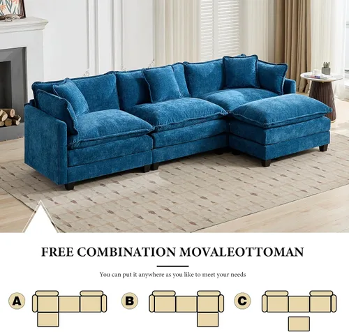 Vista 210 de Sofá seccional modular verde de 111.5", sofás seccionales grandes de 3 plazas para sala de estar, sofá nube oversized de tela chenille con otomana