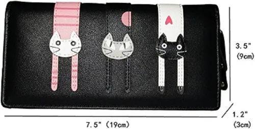 Vista 8 de Billetera con gato bonito monedero largo plegable con cierre para mujer M Negro