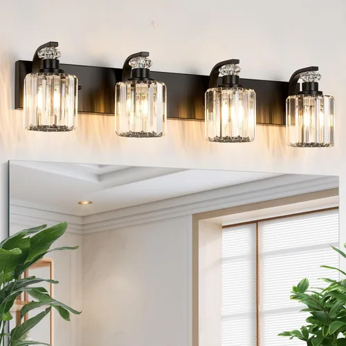 Vista 15 de Lámparas de baño negras con pantalla de cristal K9, iluminación de baño sobre espejo, luces de tocador para sala de estar, dormitorio, baño