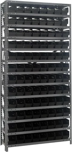 Vista 421 de Quantum QSBU-245BK Heavy Duty Shelving Unit with (7) Shelves and (24) QUS245 Black Bins for Garage Warehouse Storage Distribution 400 lb Load