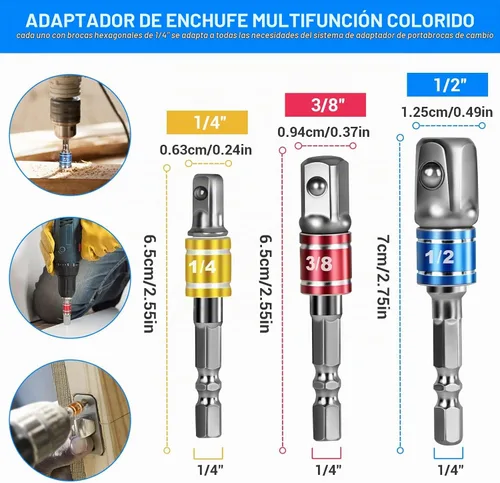 Vista 3 de Juego de 32 piezas de extensión de broca flexible, enchufe de junta giratoria de 1/4, 3/8, 1/2 pulgada, adaptador de enchufe hexagonal, taladro