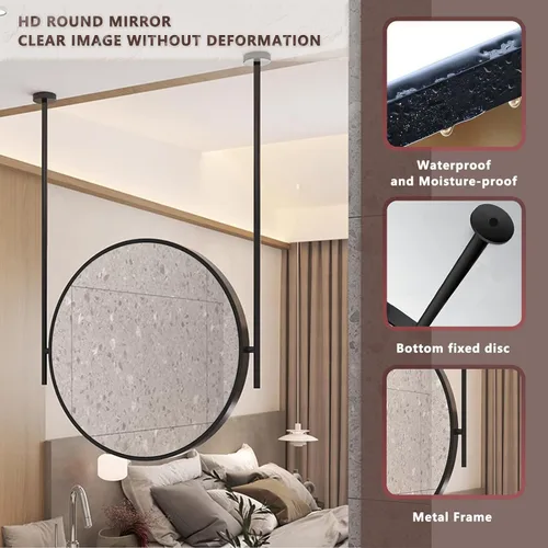 Vista 4 de Espejo redondo montado en el techo para baño, espejo de pared, espejo de barra colgante de techo, espejo de marco de metal negro, espejo decorativo