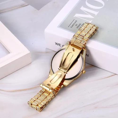 Vista 4 de JewelryWe Mens Iced Out Watches Round Quartz Calendar Wristwatch Hip Hop Gold Plated Stainless Steel Dress Watch for Christmas