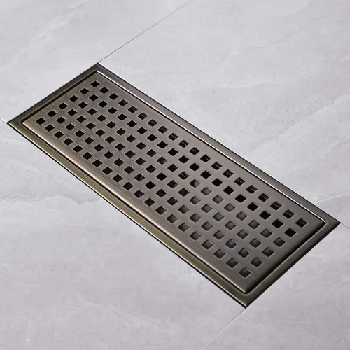 Vista 4 de Drenaje lineal de acero inoxidable de 12 pulgadas con adaptador roscado, rejilla de rejilla de cubierta extraíble, rectangular, cobre antiguo