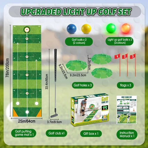 Vista 7 de VATOS Juego de juguetes de golf para niños, juego de golf iluminado con tapete de putting de 6.5 pies, putter de golf, 3 agujeros, 4 bolas